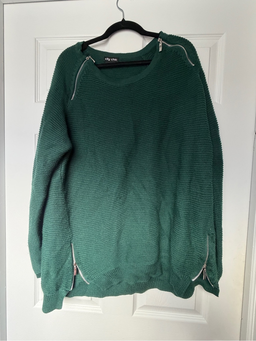 City Chic Forest Green Zip-Accent Crew Neck Sweater